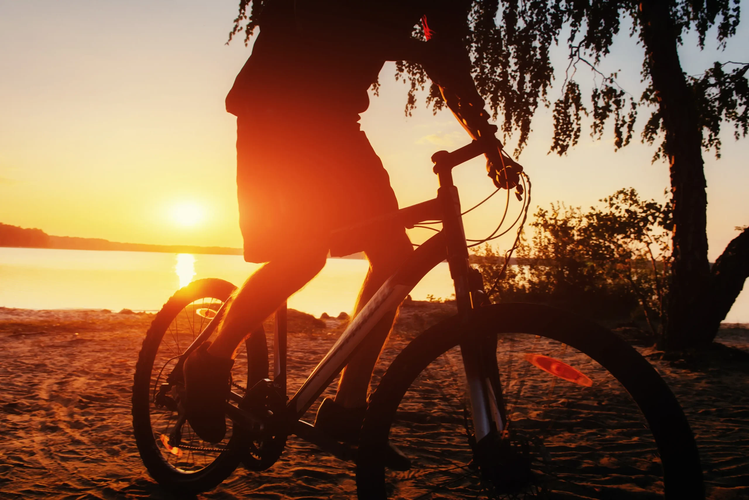 Primo piano di un ragazzo che pedala su una mountain bike, sullo sfondo un lago al tramonto.