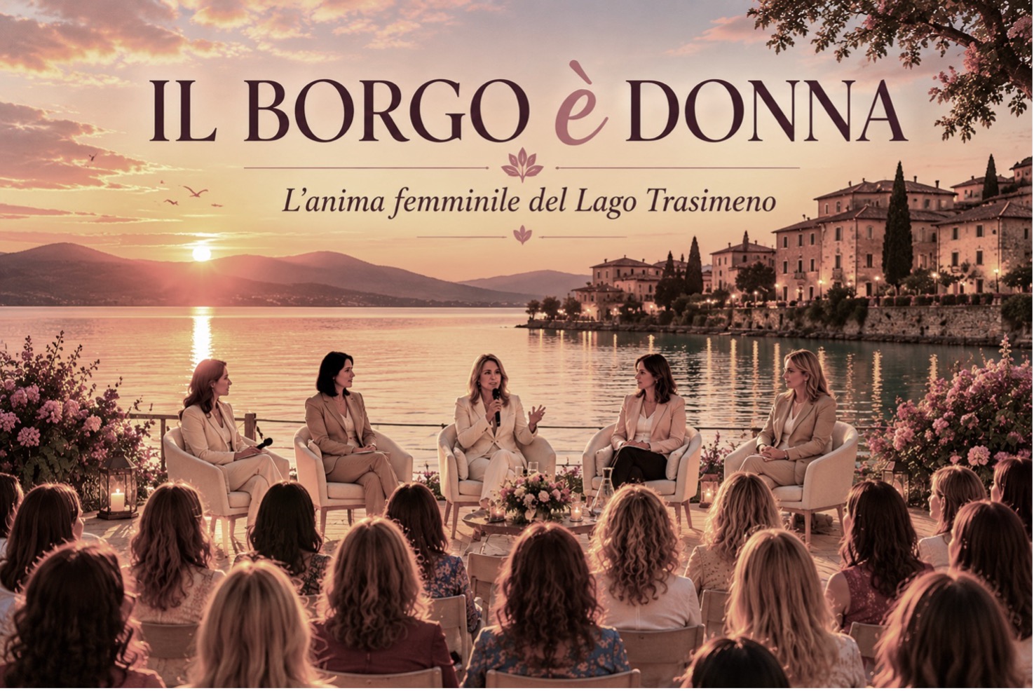 locandina il borgo è donna con donne che parlano in simposio e alle spalle il lago